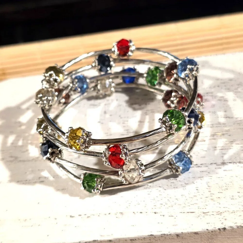 Silver Tone Crystal Wrap Bracelet With Multicolor Faceted Beads Filigree Details